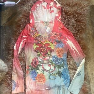 Vocal brand. made in the USA pink sweater with hood and rhinestone heart